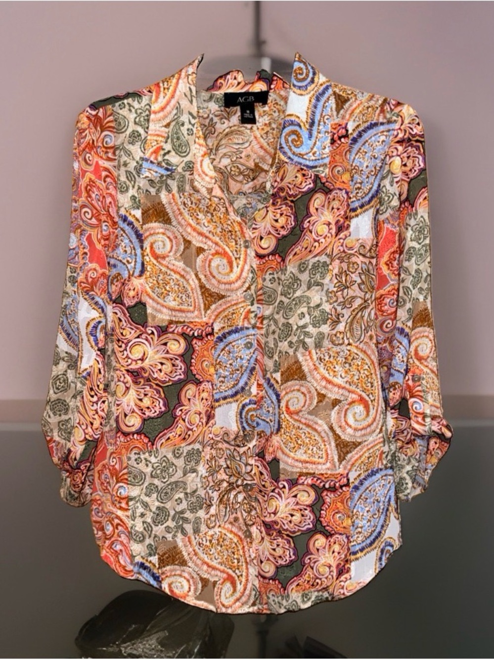 AGB Women's Multicolor Paisley Button-Front Blouse - Coral, Blue, Tan, Cream